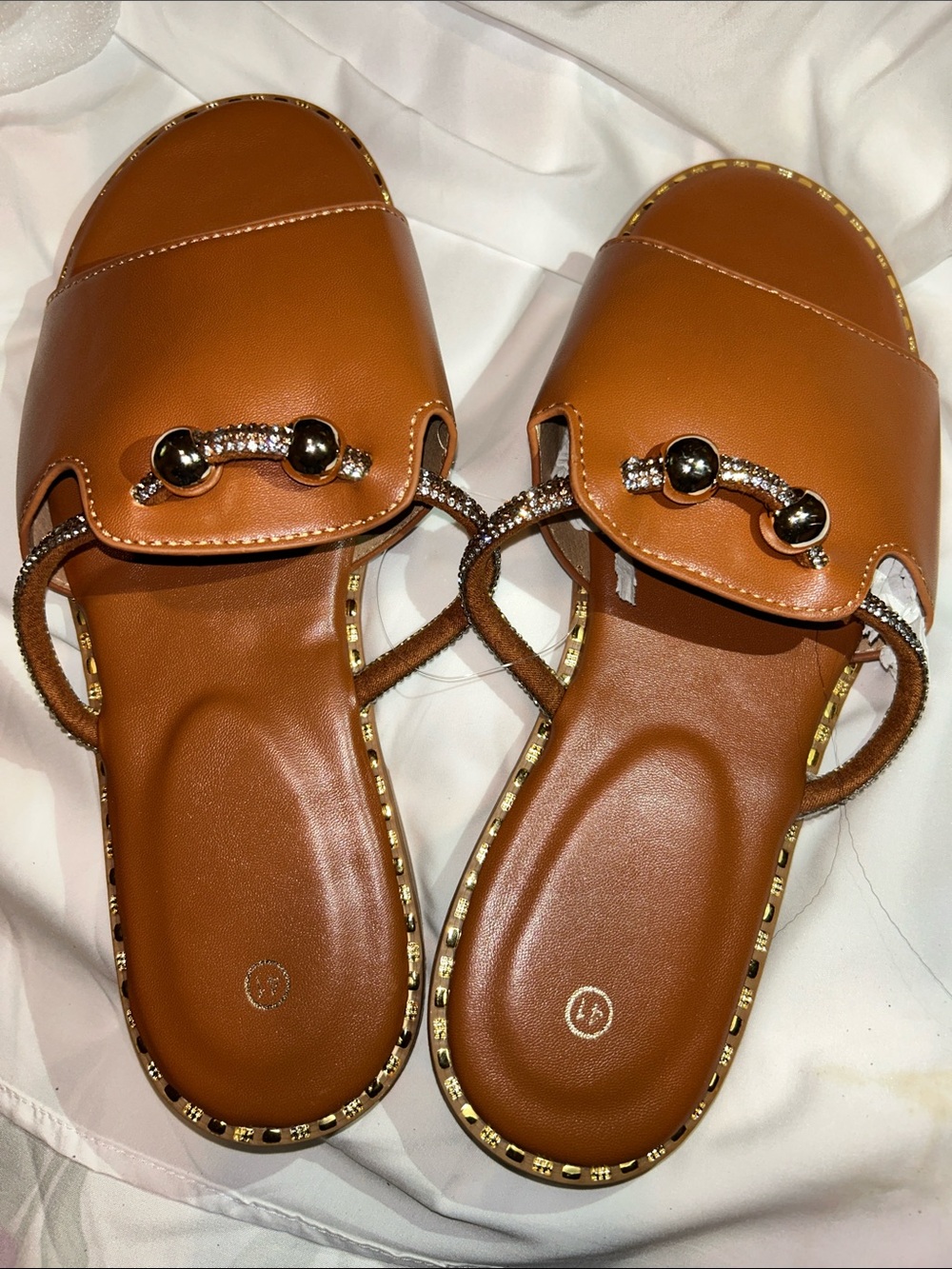 Brown Slide Sandals with Metallic Chain Accent